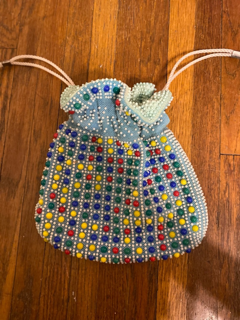 Vintage 90’s Light Blue Beaded Drawstring Pouch with Multicolor Beads